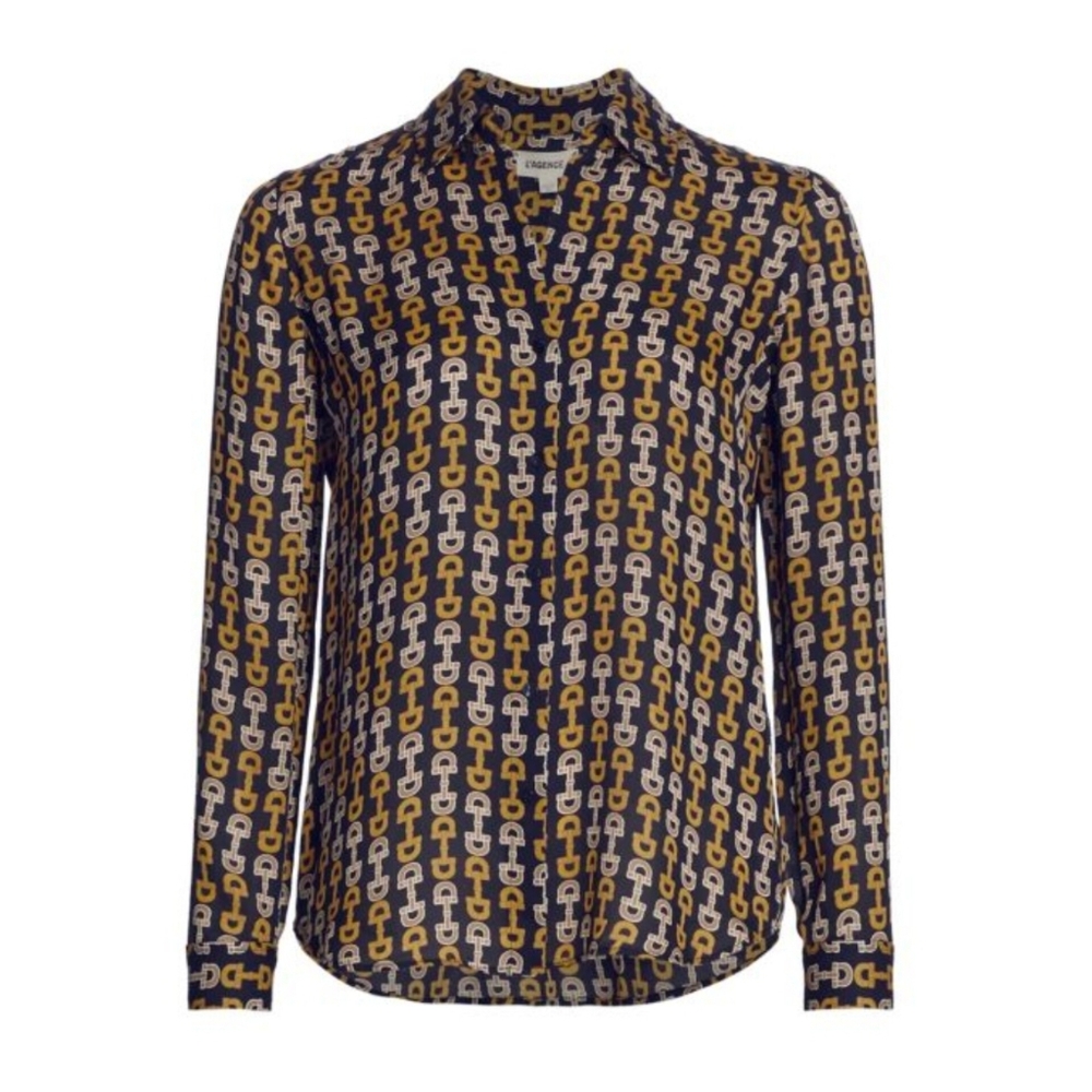 L'Agence | Nina Black & Gold Buckle Print 💯 Luxe Silk Blouse
